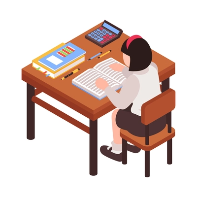 Isometric junior school composition with character of schoolgirl sitting at desk with stationery vector illustration