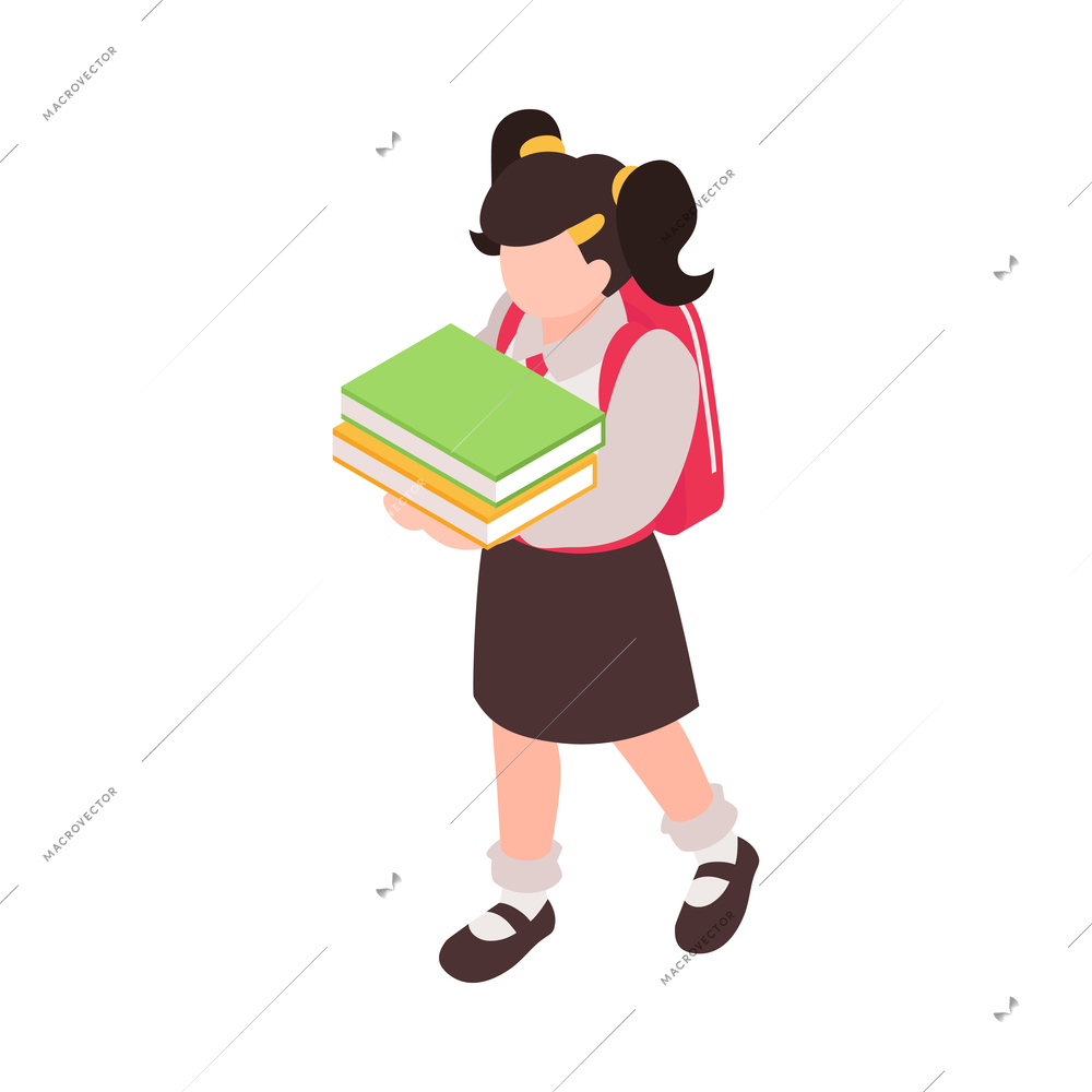 Isometric junior school composition with character of schoolgirl carrying stack of books vector illustration