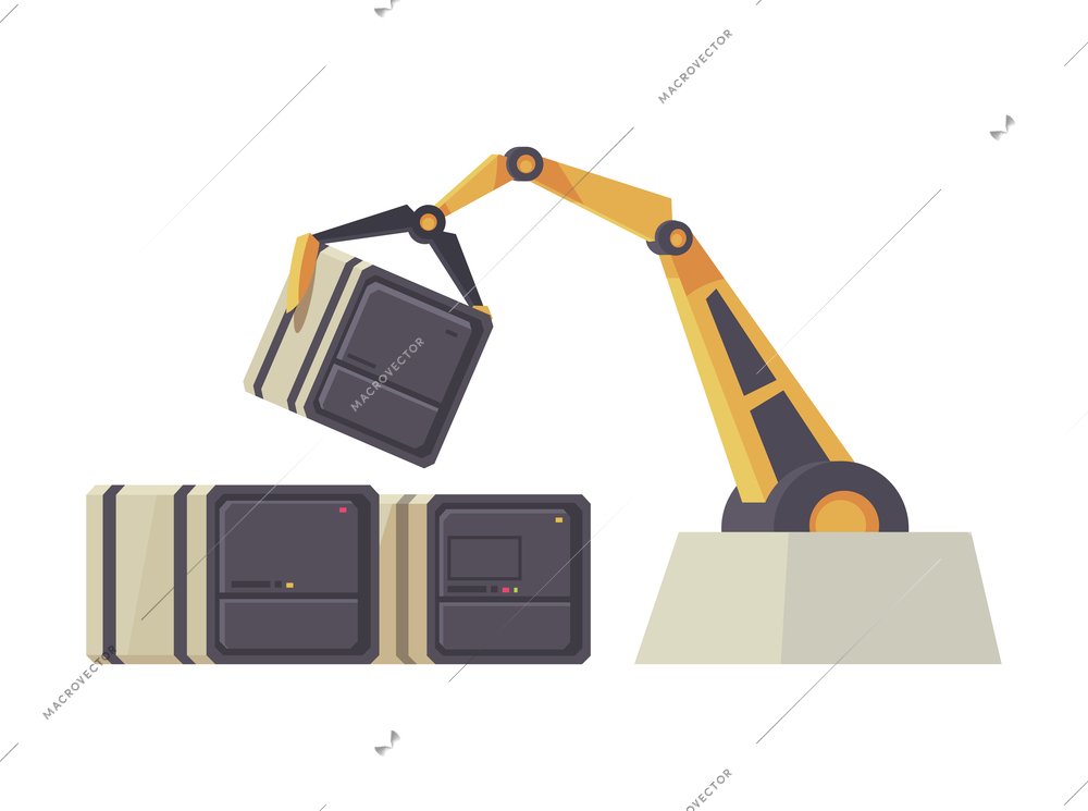 Mars colonization composition with image of robotic arm moving huge container boxes vector illustration