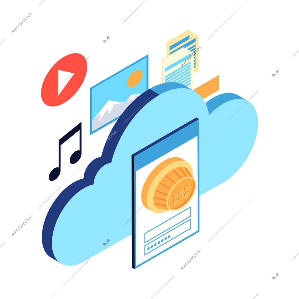 Isometric datacenter cloud service composition with icons of content types safe box lock and cloud vector illustration