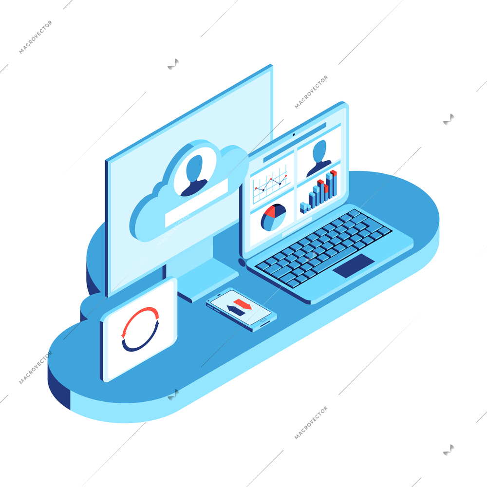 Isometric datacenter cloud service composition with images of multiple gadgets connected to cloud vector illustration