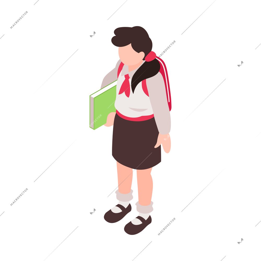 Isometric junior school composition with character of schoolgirl holding book vector illustration