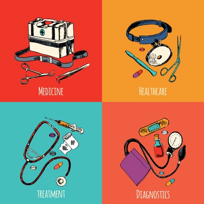 Medicine emergency healthcare colored sketch flat icons set of treatment diagnostics isolated vector illustration