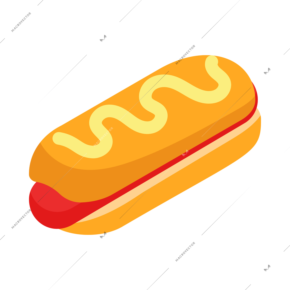 Isometric street food composition with isolated image of hotdog with sausage and mustard vector illustration