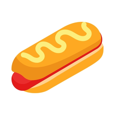 Isometric street food composition with isolated image of hotdog with sausage and mustard vector illustration