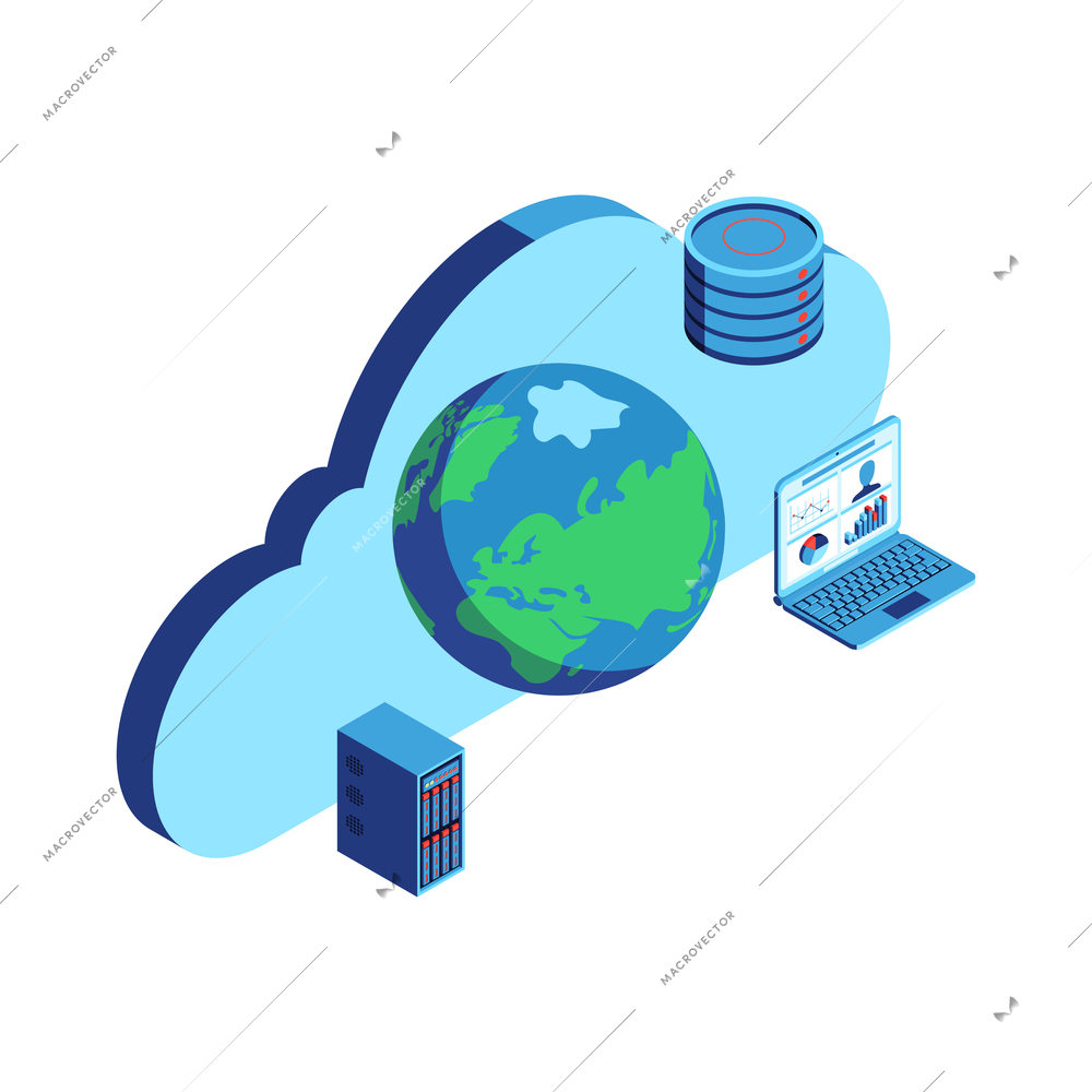 Isometric datacenter cloud service composition of cloud icons earth globe servers and laptop vector illustration