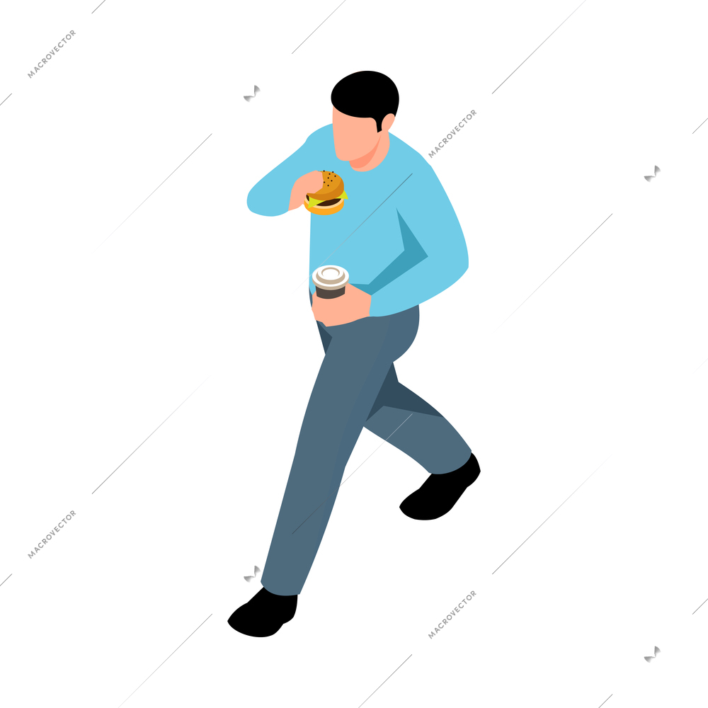 Isometric street food composition with isolated character of walking man with burger and coffee cup vector illustration