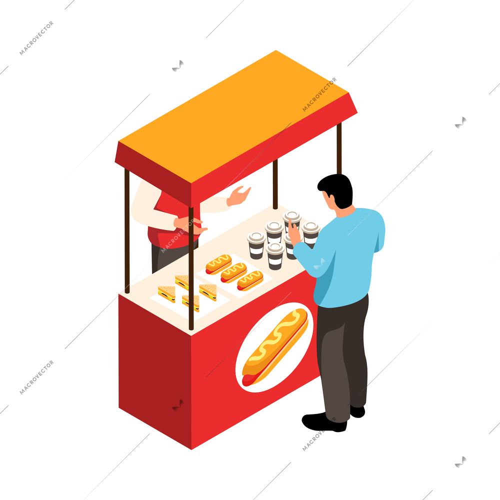 Isometric street food composition with isolated view of stall selling fastfood with people vector illustration