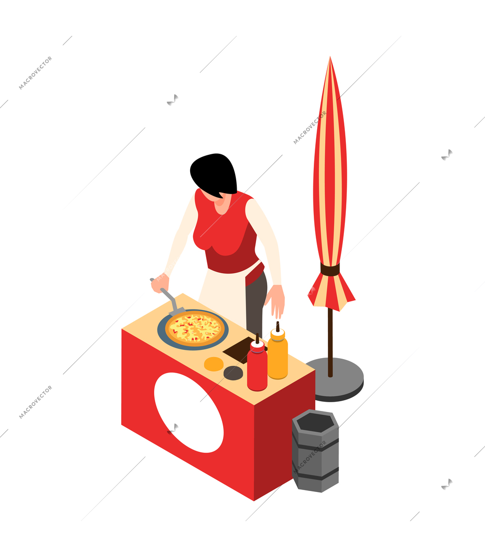 Isometric street food composition with isolated view of stall with woman making pizza on pan vector illustration