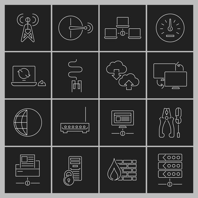 Network data security internet router outline icons set isolated vector illustration