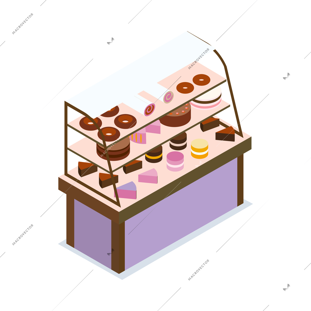 Restaurant and cafeteria interior isometric composition with isolated image of showcase with desserts vector illustration