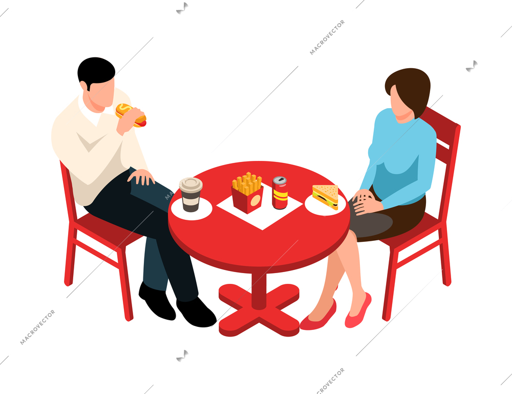 Isometric street food composition with isolated image of couple having meal at outdoor table vector illustration