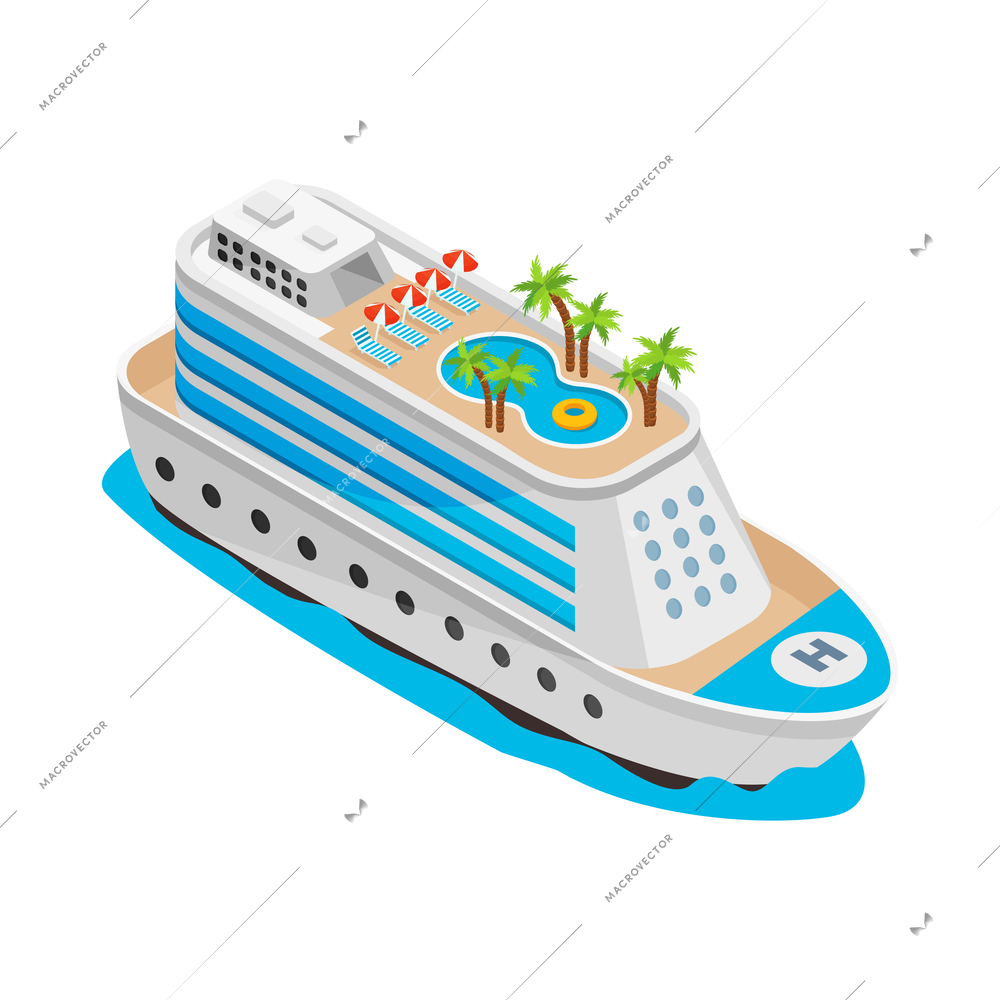 Sea cruise isometric composition with view of big vessel with palm trees pools and lounge chairs with helipad vector illustration