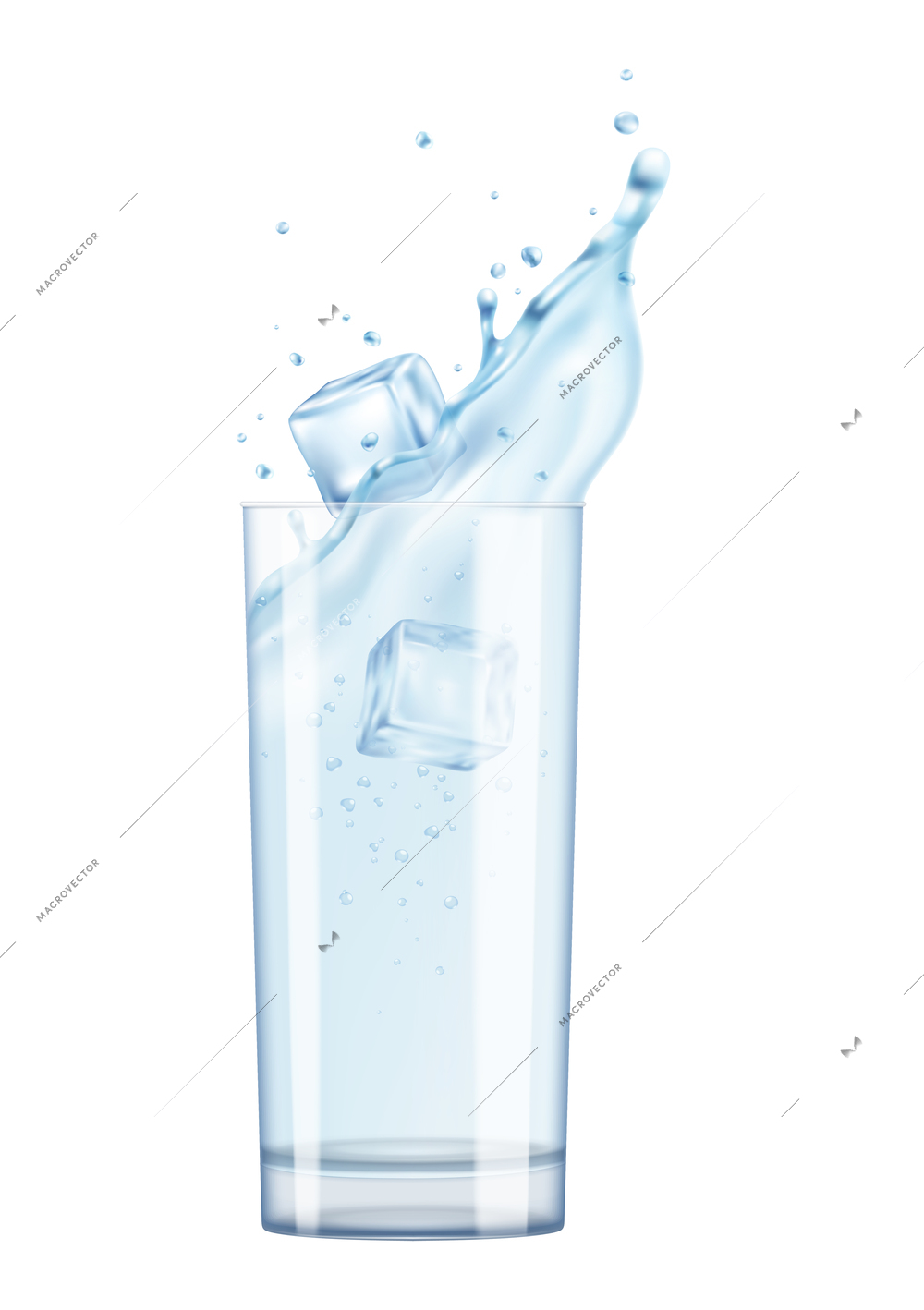 Realistic mineral water bottle composition with isolated image of glass of water with ice on blank background vector illustration