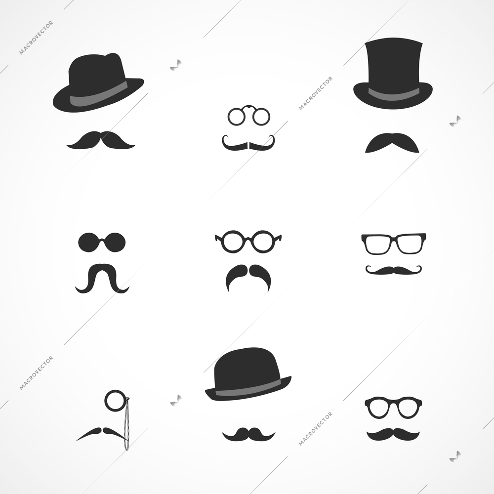 Interface elements collection in retro style mustaches hats and glasses icons isolated vector illustration