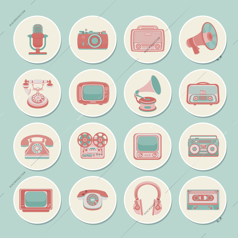 Vintage retro media gadgets icons set of radio camera tv isolated vector illustration