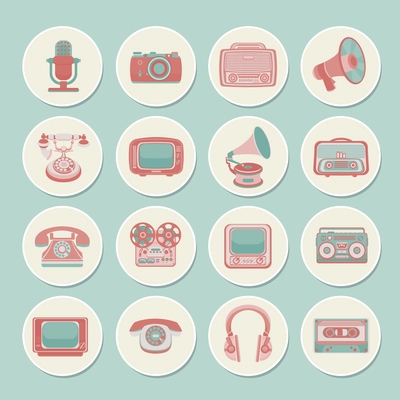 Vintage retro media gadgets icons set of radio camera tv isolated vector illustration