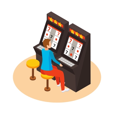 Sea cruise isometric composition with images of slot machines with gambling guy vector illustration
