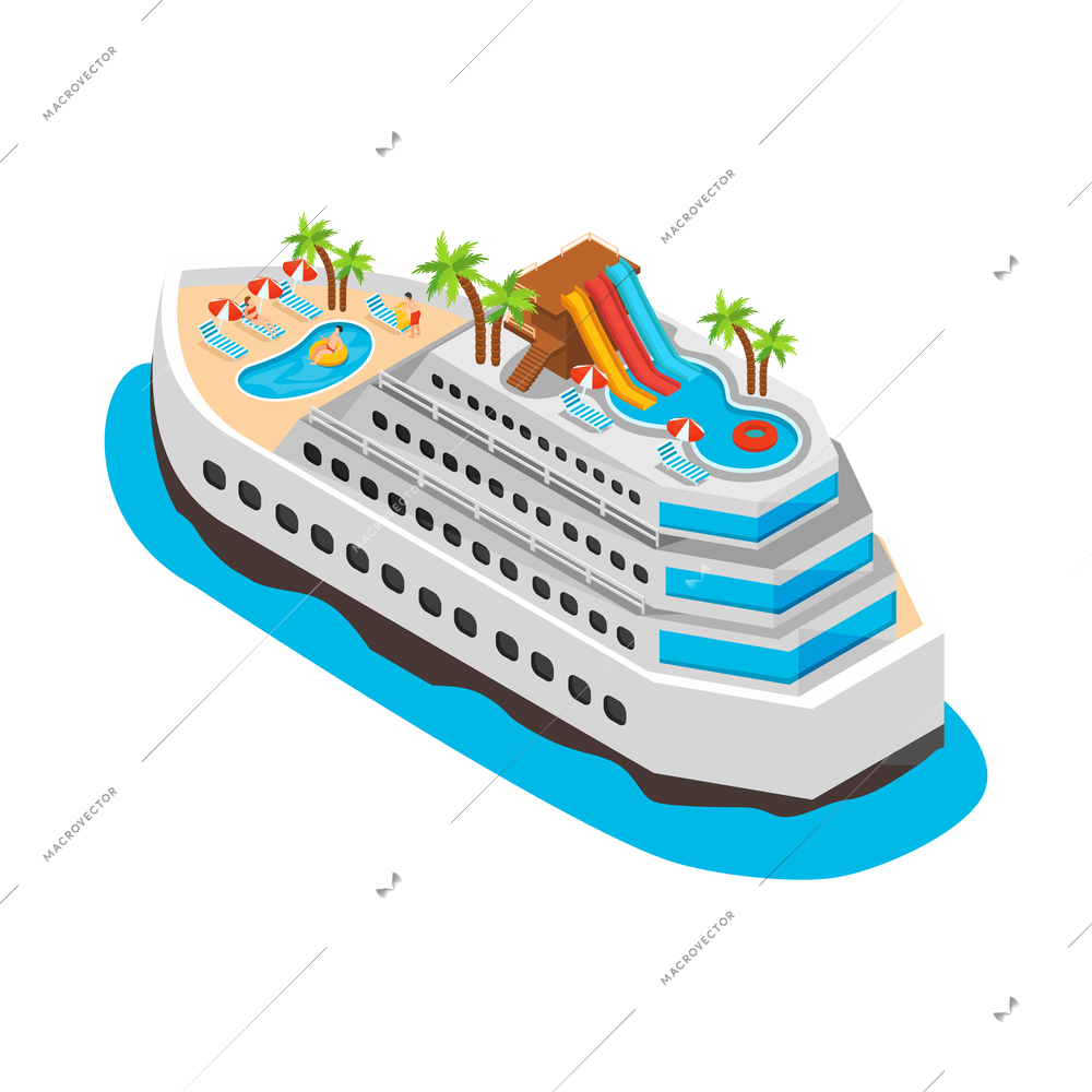 Sea cruise isometric composition with view of sea vessel with aquapark facilities water slides and lounge chairs vector illustration