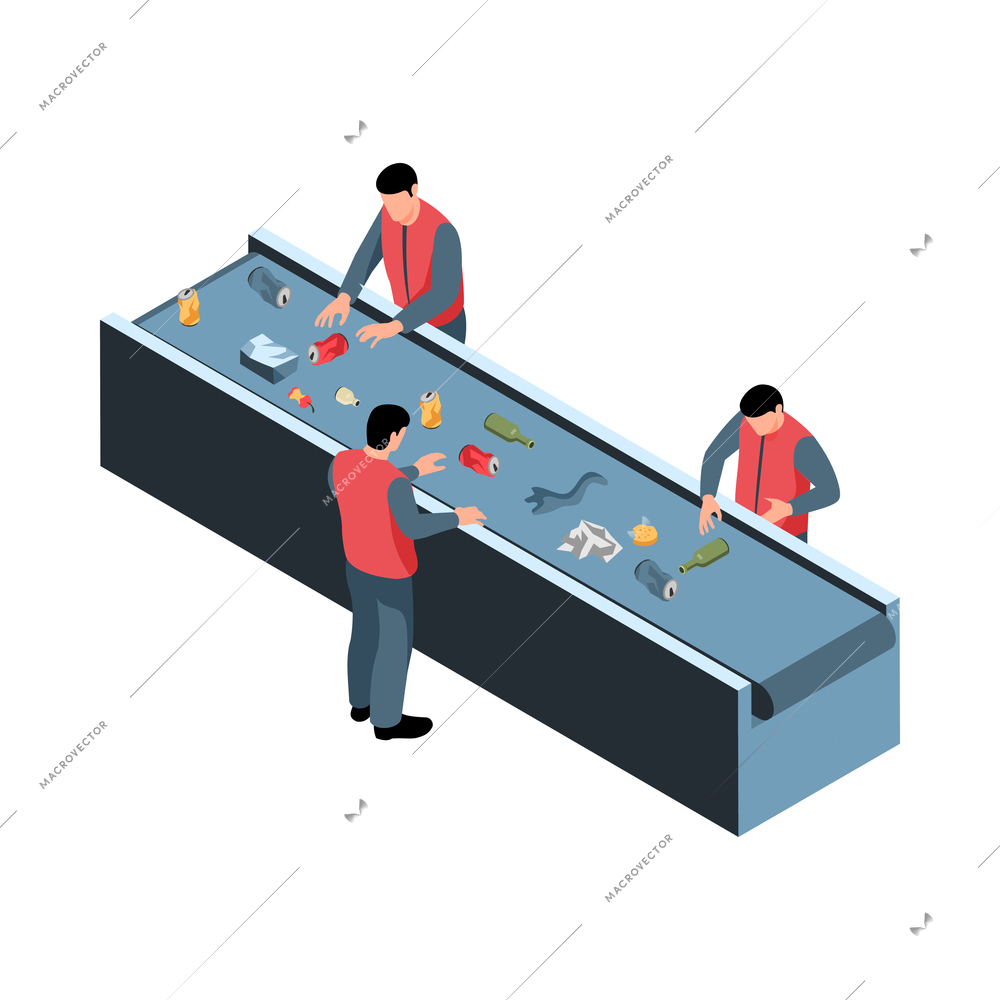 Isometric garbage waste recycling composition with industrial conveyor line and people sorting litter manually vector illustration