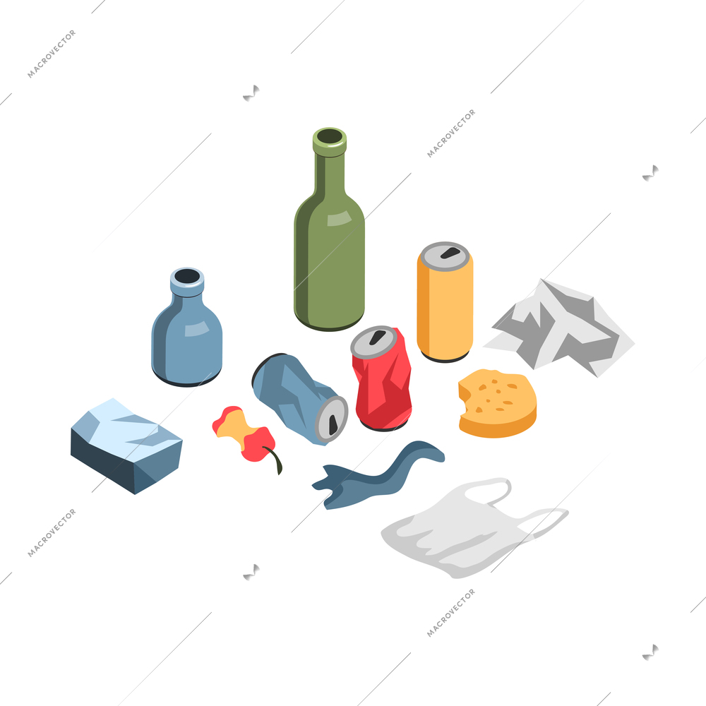 Isometric garbage waste recycling composition with isolated images of pieces of unsorted litter vector illustration