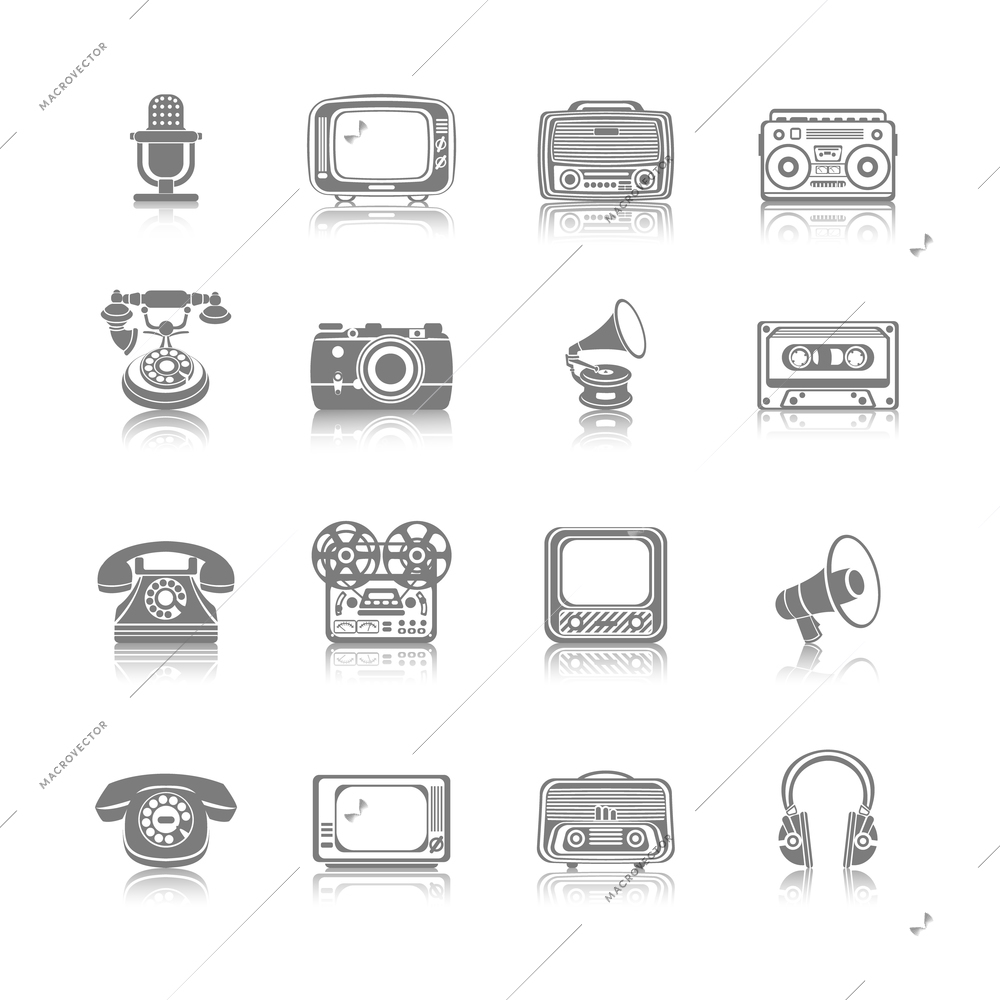 Vintage retro media gadgets black icons set of tape recorder gramophone megaphone isolated vector illustration