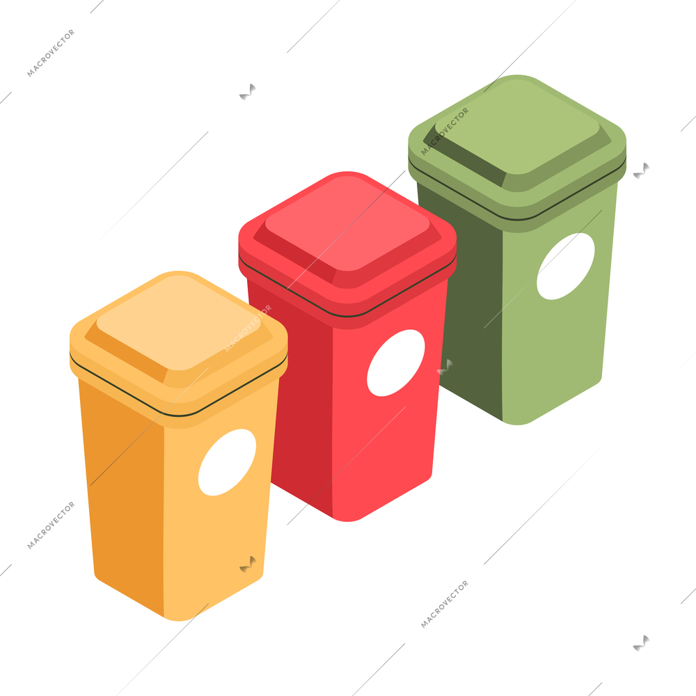 Isometric garbage waste recycling composition with row of colorful trash bins for sorted litter vector illustration