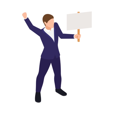 Trade labor union employee right protection composition with isometric person defending their rights holding placard vector illustration