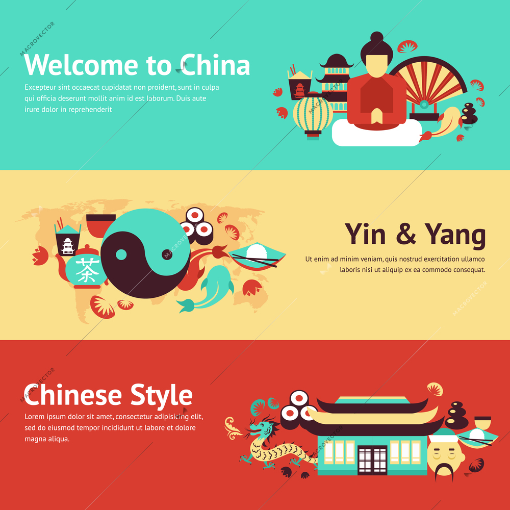 China travel asian traditional culture chinese style symbols banner set isolated vector illustration