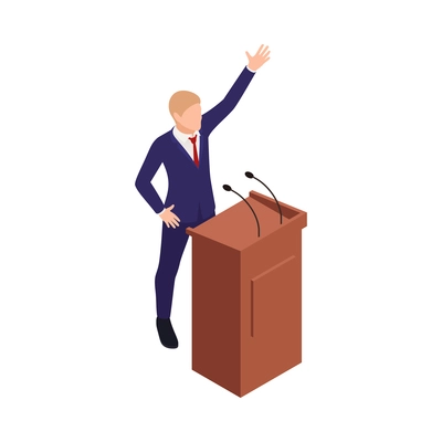 Trade labor union employee right protection composition with isometric person talking from tribune vector illustration