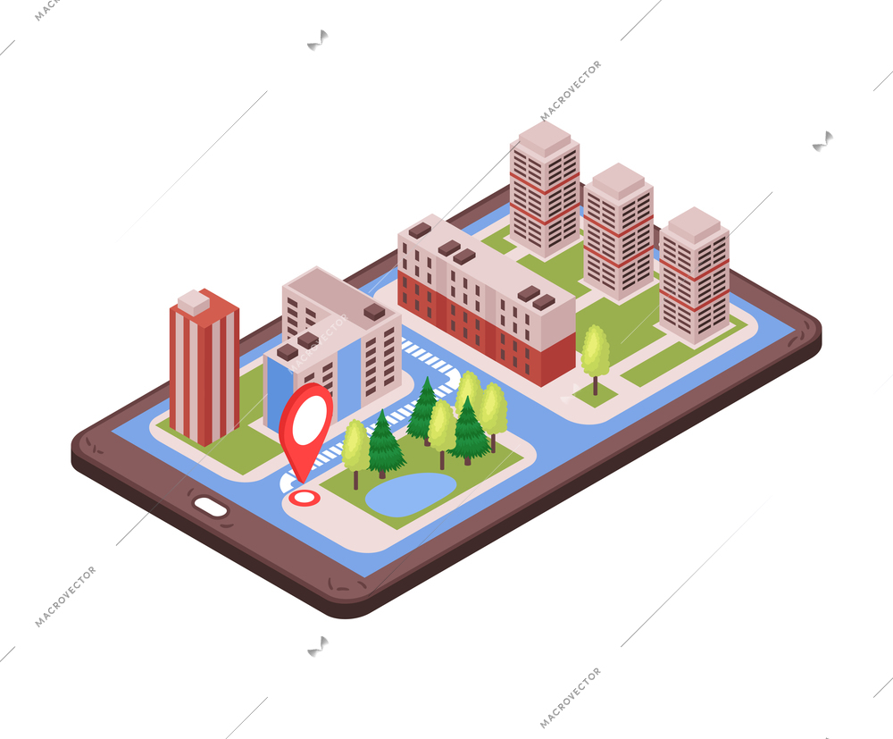 Isometric taxi navigation composition with image of smartphone with map 3d buildings and location vector illustration