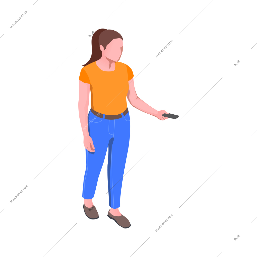 Subway metro isometric composition with isolated female character of passenger holding smartphone vector illustration