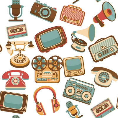 Vintage media gadgets colored seamless pattern with vintage electronic devices vector illustration