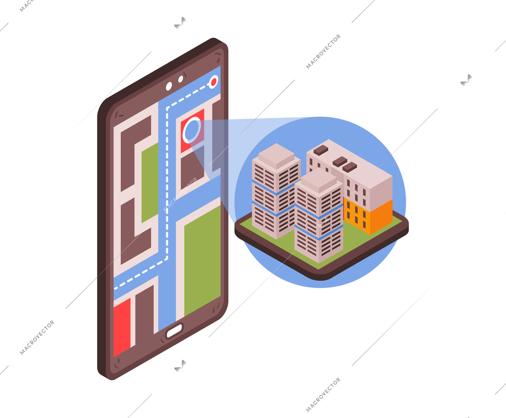 Isometric taxi navigation composition with smartphone app and images of buildings block vector illustration