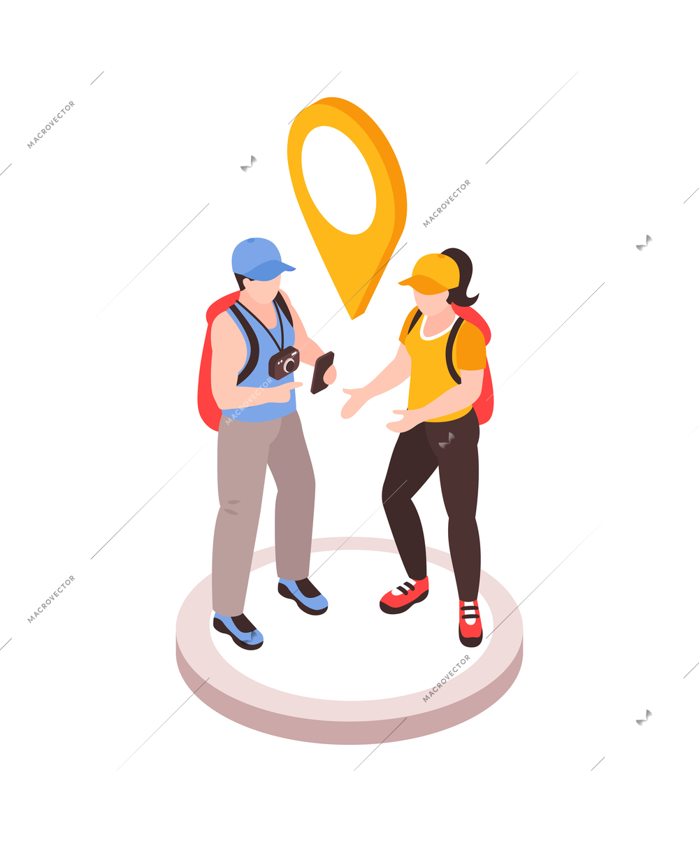 Isometric taxi navigation composition with characters of two tourists with smartphone and location sign vector illustration