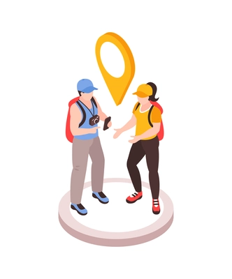 Isometric taxi navigation composition with characters of two tourists with smartphone and location sign vector illustration