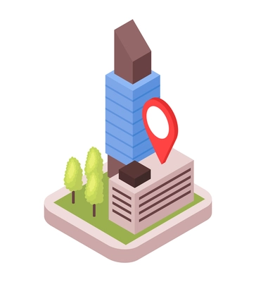 Isometric taxi navigation composition with view of city block with trees buildings and big location sign vector illustration