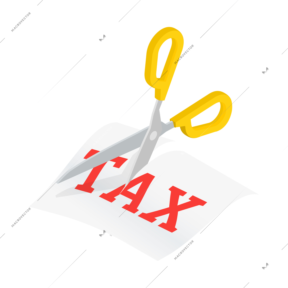 Taxes accounting isometric composition with isolated image of text sheet being cut by scissors vector illustration