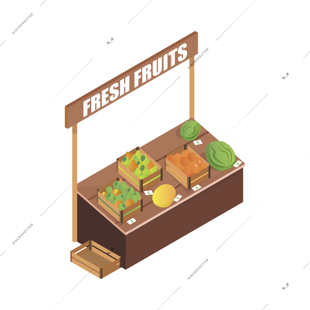 Bazaar isometric composition with isolated image of market stall on blank background vector illustration