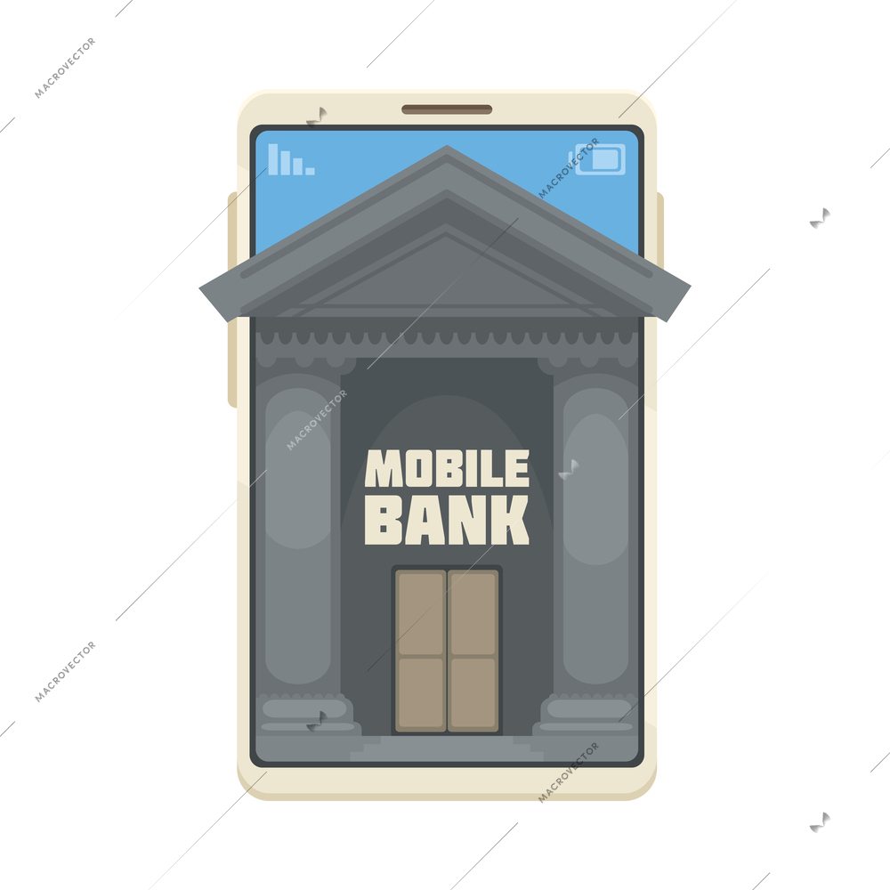 Online mobile bank composition with image of vintage bank building entrance inside smartphone screen vector illustration