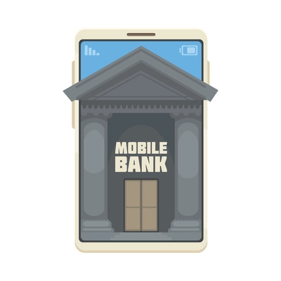 Online mobile bank composition with image of vintage bank building entrance inside smartphone screen vector illustration