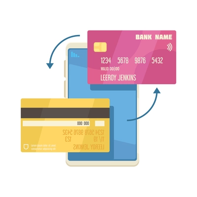 Online mobile bank composition with images of smartphone and two credit cards with exchange arrows vector illustration