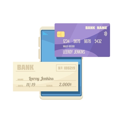 Online mobile bank composition with images of smartphone credit card and bank cheque vector illustration