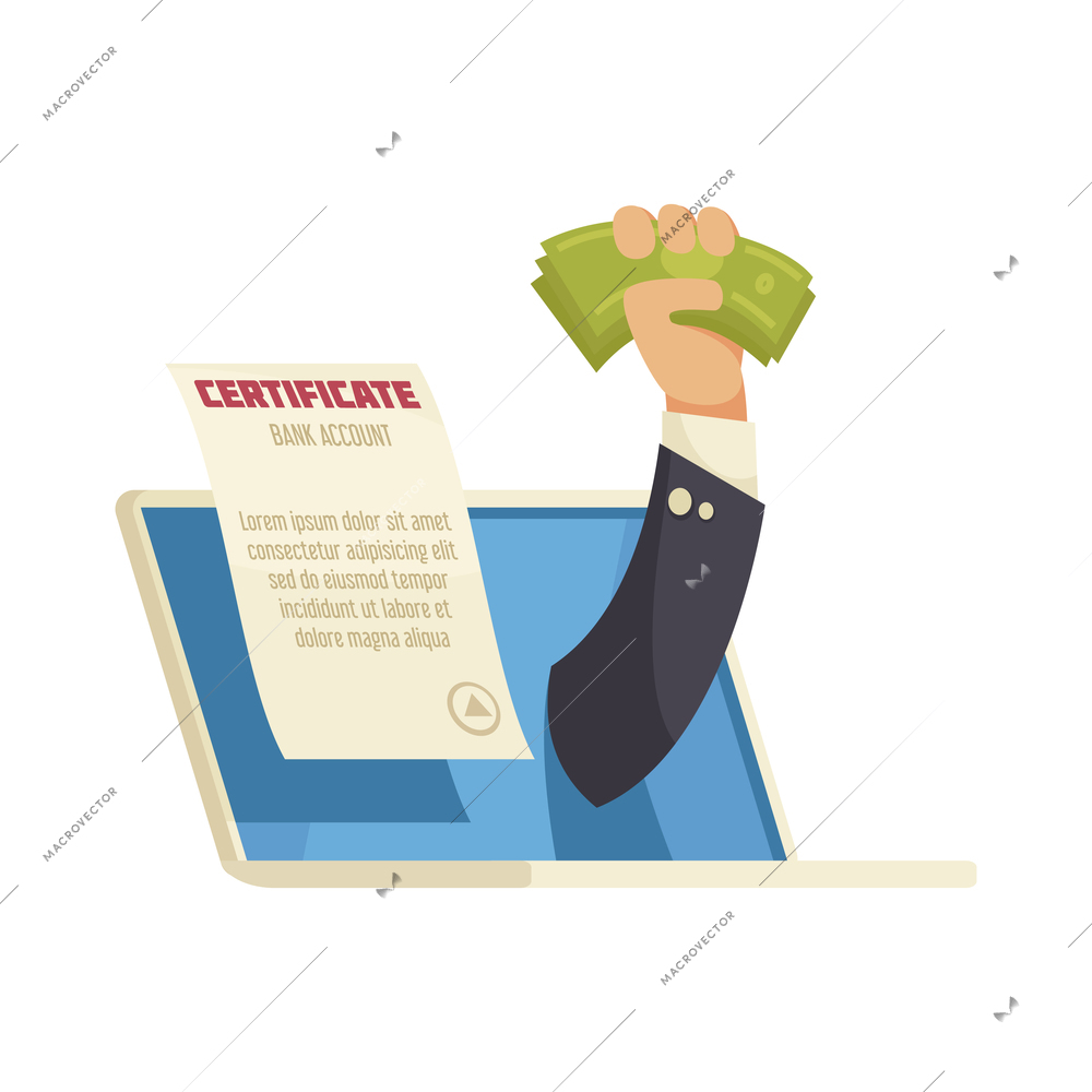 Online mobile bank composition with money in human hand leaning out of laptop screen with certificate vector illustration