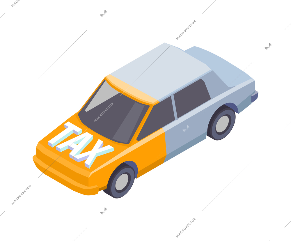 Taxes accounting isometric composition with isolated image of half colored car with text vector illustration