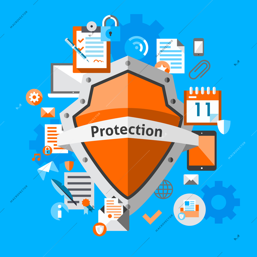 Computer data protection and secure concept with safe internet information elements vector illustration