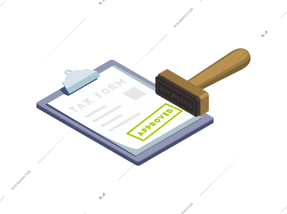 Taxes accounting isometric composition with isolated image of paper contract with approval sign vector illustration