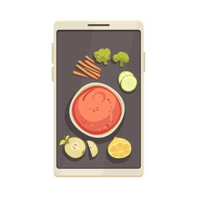 Cooking school courses composition with top view of smartphone with dish ingredients images vector illustration