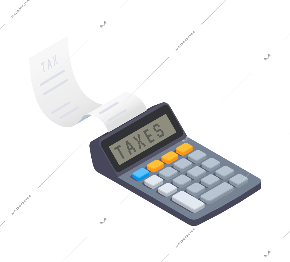 Taxes accounting isometric composition with isolated image of calculator with paper receipts vector illustration