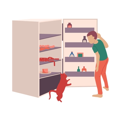 People with cats flat composition with isolated view of man opening fridge and cat vector illustration